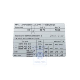 Original VW Data Plate For Tyre Pressure - 3B0010275