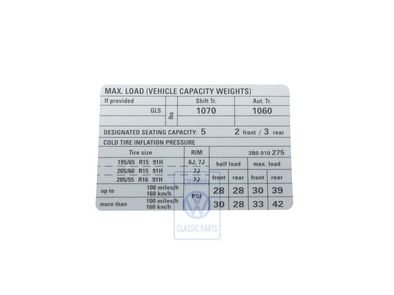 Original VW Data Plate For Tyre Pressure - 3B0010275