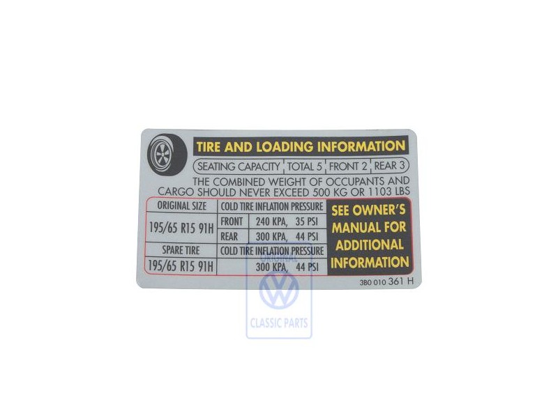 Original VW Data Plate For Tyre Pressure - 3B0010361H