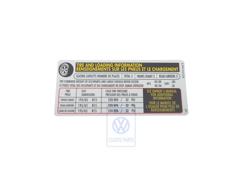 Original VW Data Plate For Tyre Pressure - 5C0010645K