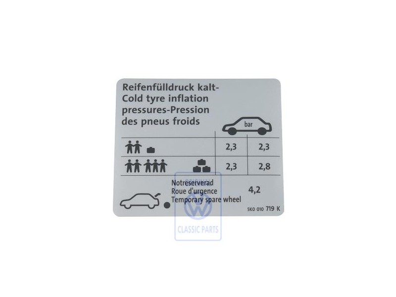 Original VW Data Plate For Tyre Pressure - 5K0010719K