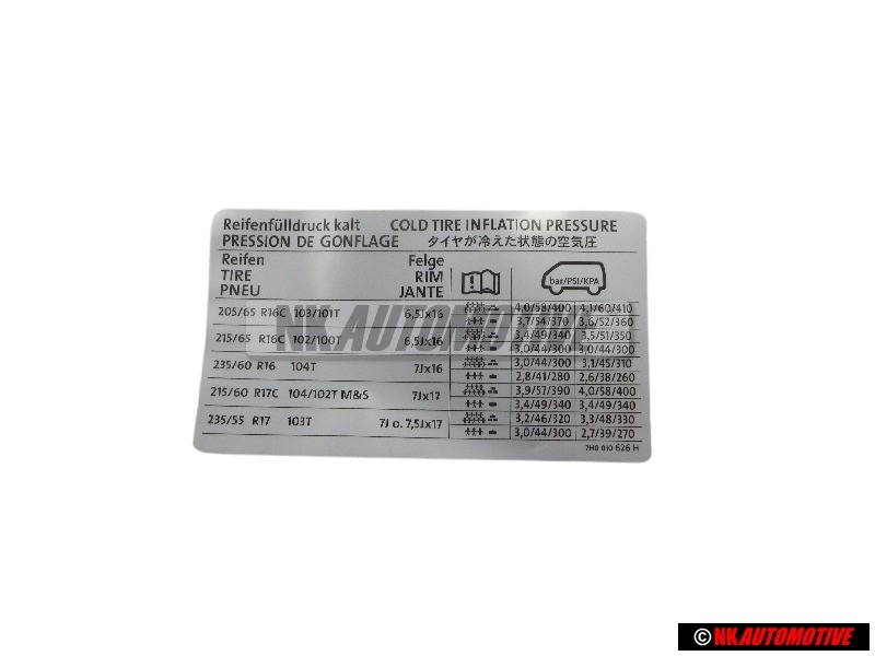 Original VW Data Plate For Tyre Pressure - 7H0010626H