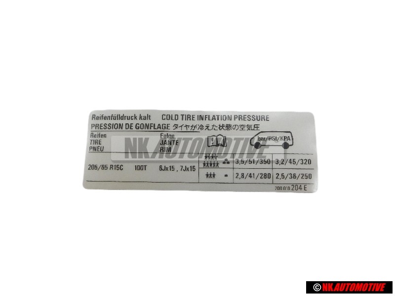 Original VW Data Plate For Tyre Pressure - 7D0010204E