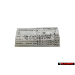 Original VW Data Plate For Tyre Pressure - 7D0010266P