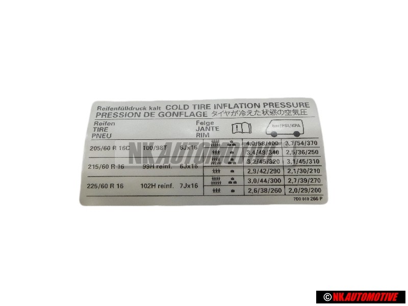Original VW Data Plate For Tyre Pressure - 7D0010266P