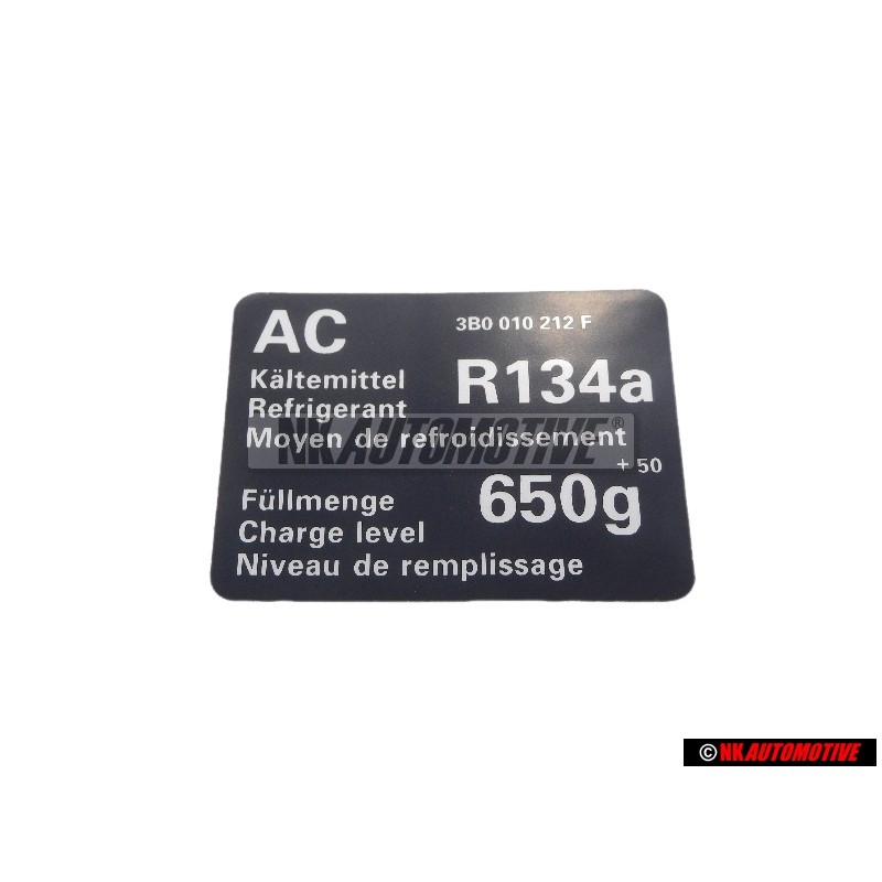 Original VW Sticker Air Conditioning Refrigerant R134A - 3B0010212F