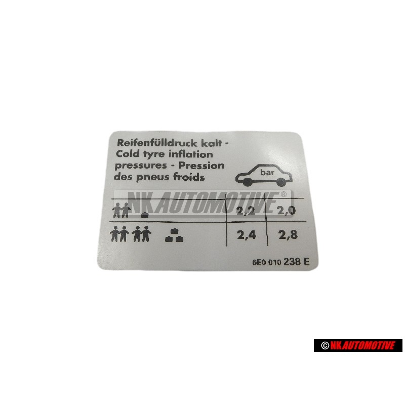 Original VW Data Plate For Tyre Pressure - 6E0010238E