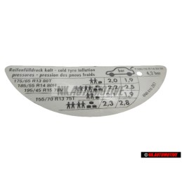 Original VW Data Plate For Tyre Pressure - 6N0010267