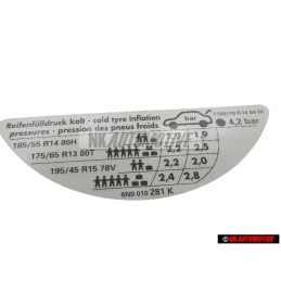 Original VW Data Plate For Tyre Pressure - 6N0010281K