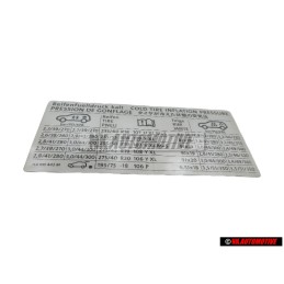 Original VW Data Plate For Tyre Pressure - 7L6010443M
