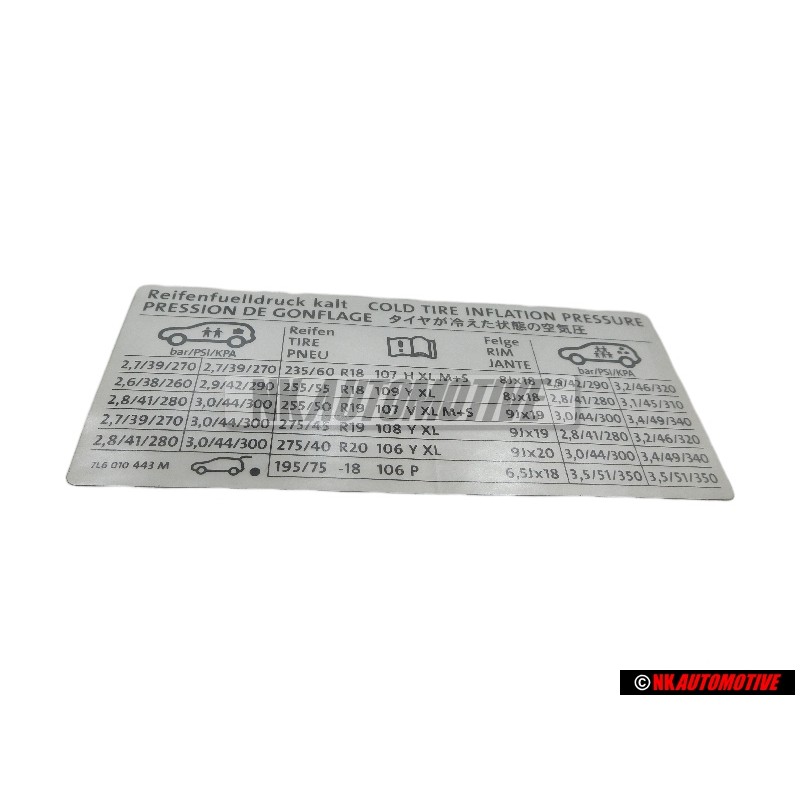 Original VW Data Plate For Tyre Pressure - 7L6010443M