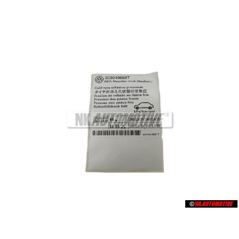 Original VW Label For Tyre Inflation Pressure - 3C8010668T