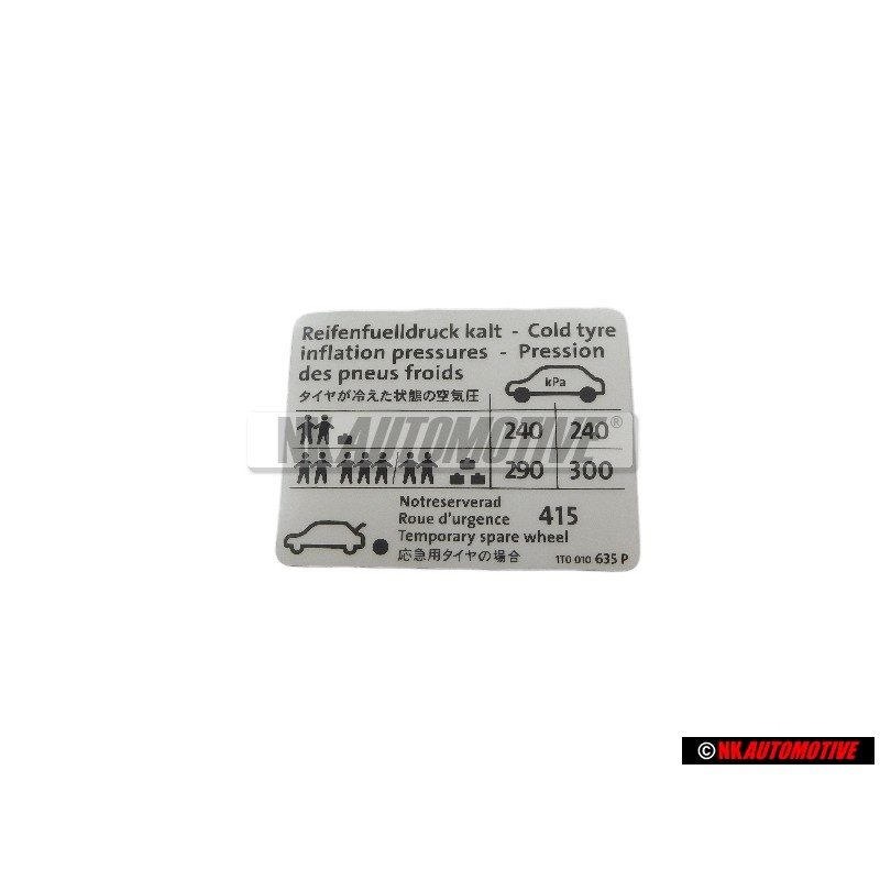 Original VW Data Plate For Tyre Pressure - 1T0010635P
