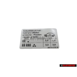 Original VW Data Plate For Tyre Pressure - 3B0010275N