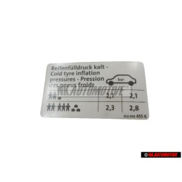 Original VW Data Plate For Tyre Pressure - 3C0010455K