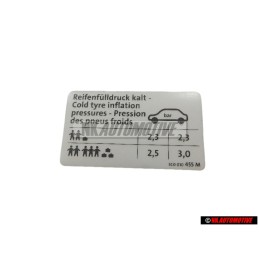 Original VW Data Plate For Tyre Pressure - 3C0010455M