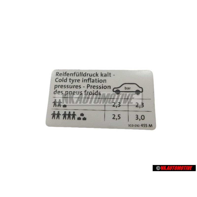 Original VW Data Plate For Tyre Pressure - 3C0010455M