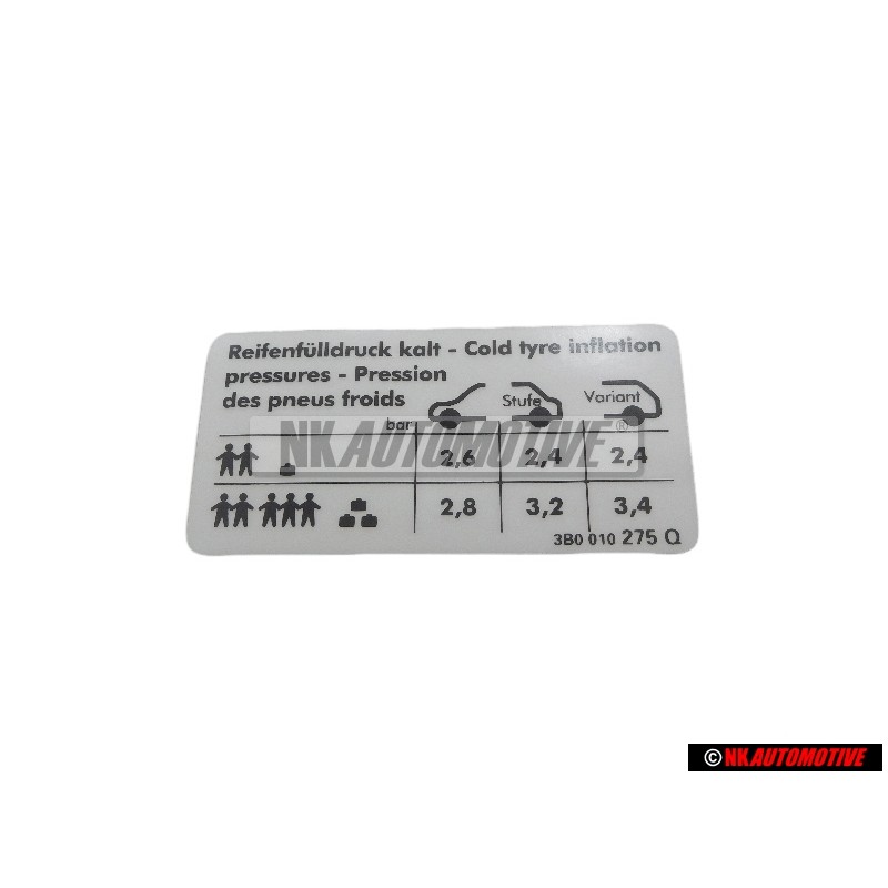 Original VW Data Plate For Tyre Pressure - 3B0010275Q