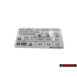 Original VW Data Plate For Tyre Pressure - 3B0010275R