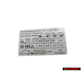 Original VW Data Plate For Tyre Pressure - 1J0010292T