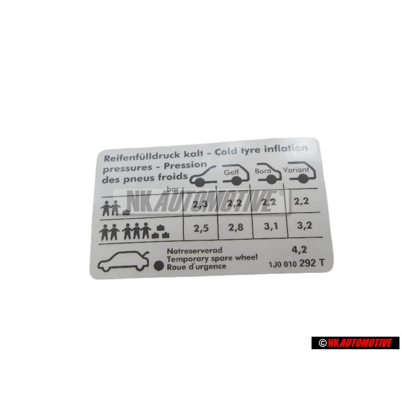 Original VW Data Plate For Tyre Pressure - 1J0010292T