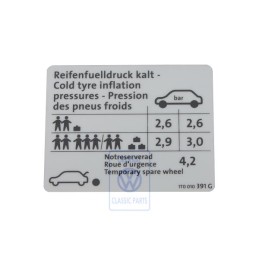 Original VW Data Plate For Tyre Pressure - 1T0010391G