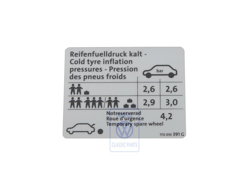 Original VW Data Plate For Tyre Pressure - 1T0010391G