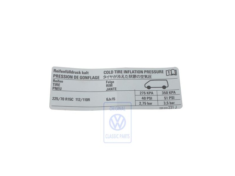 Original VW Data Plate For Tyre Pressure - 2D0010231J